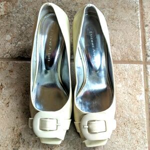 Etienne Aigner Bone Colored Patent Shoes with Buckle Peep Toe Size 7 1/2